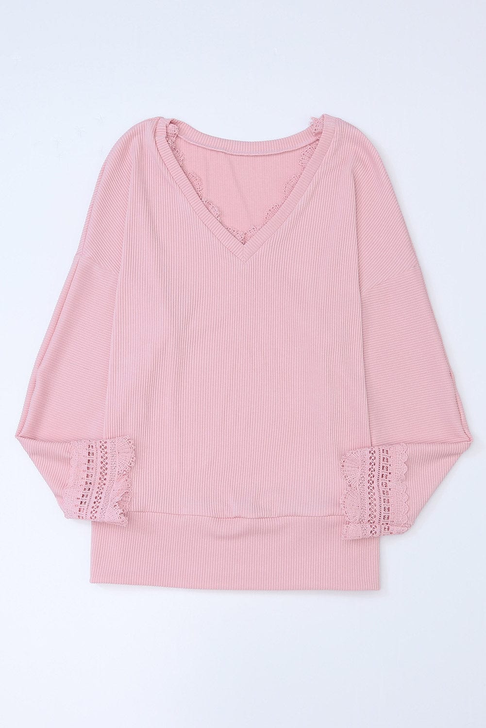 Elegant Pink Ribbed Lace Trim V Neck Long Sleeve Blouse