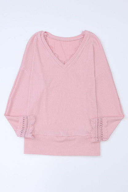Elegant Pink Ribbed Lace Trim V Neck Long Sleeve Blouse