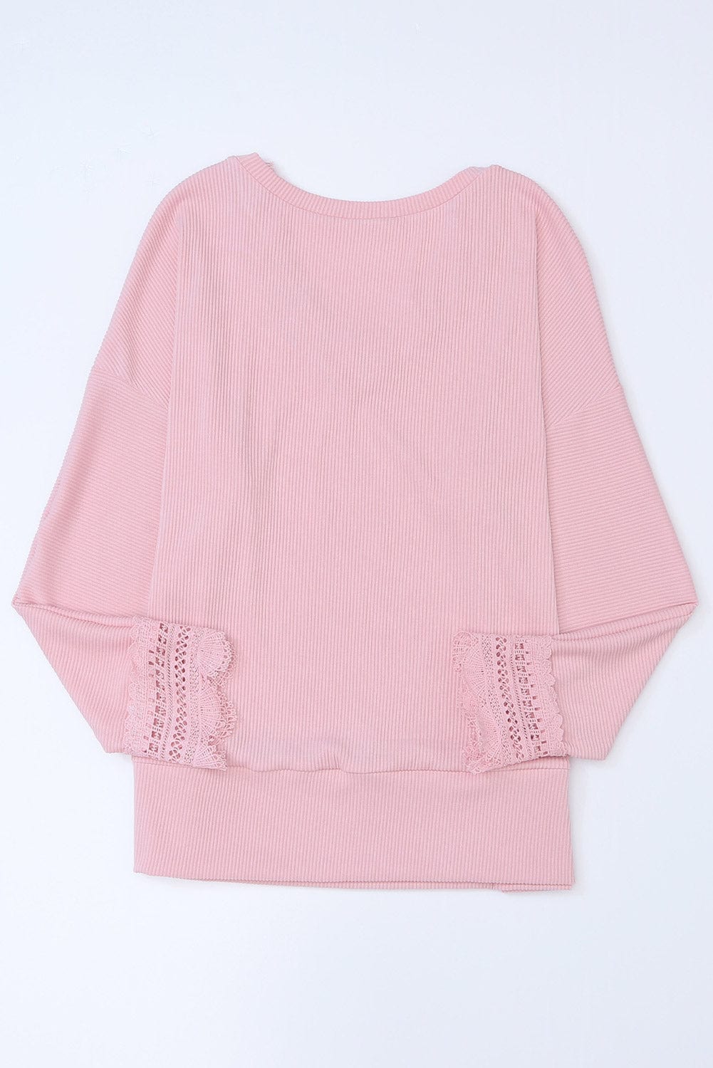 Elegant Pink Ribbed Lace Trim V Neck Long Sleeve Blouse