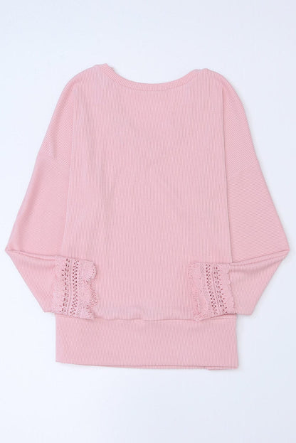 Elegant Pink Ribbed Lace Trim V Neck Long Sleeve Blouse