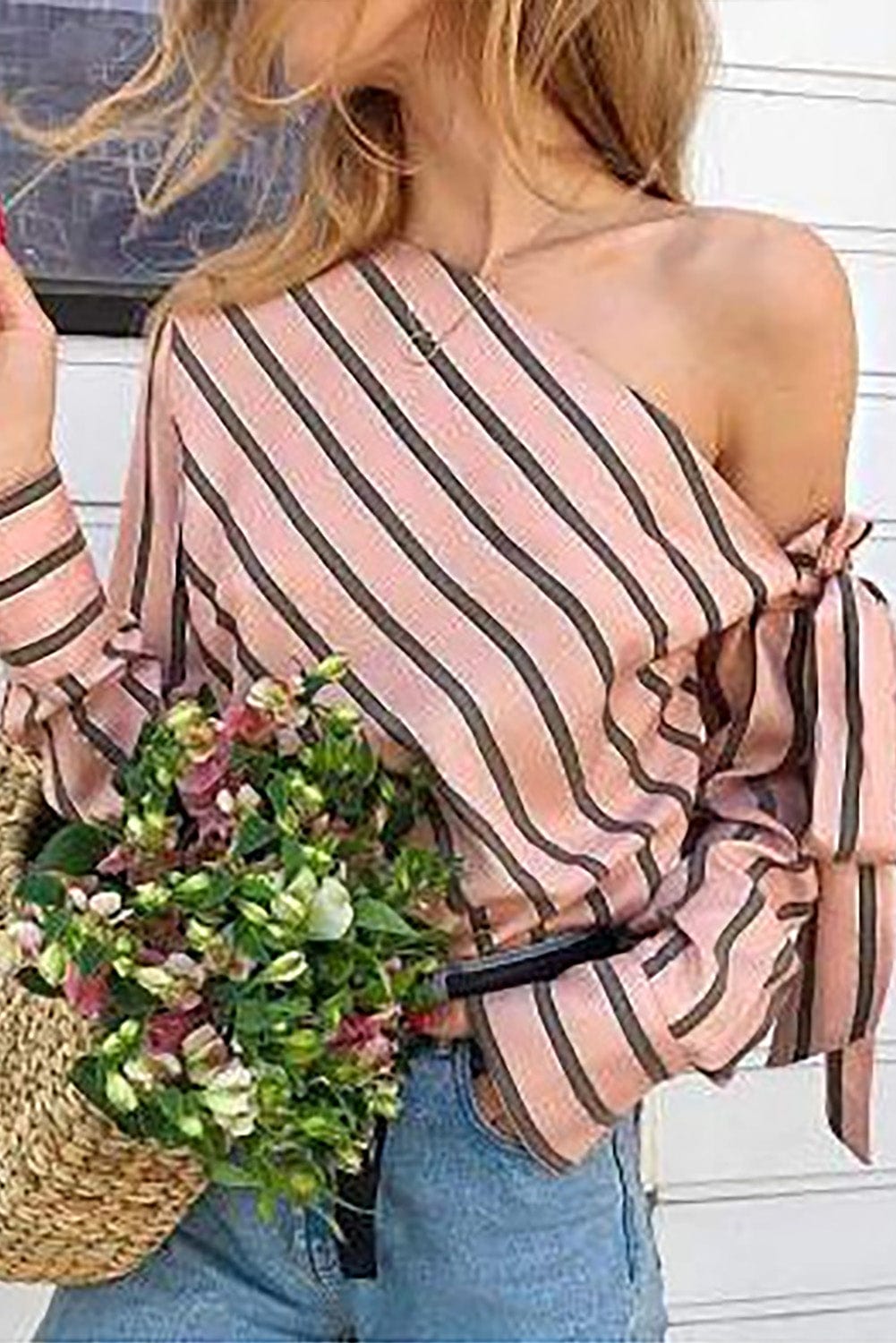 Elegant Pink Striped One-Shoulder Bow Blouse