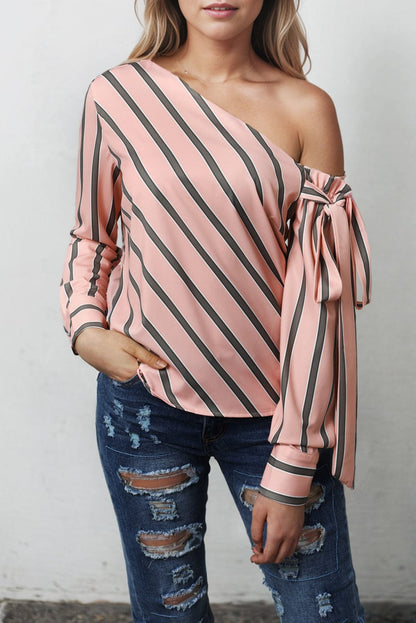 Elegant Pink Striped One-Shoulder Bow Blouse
