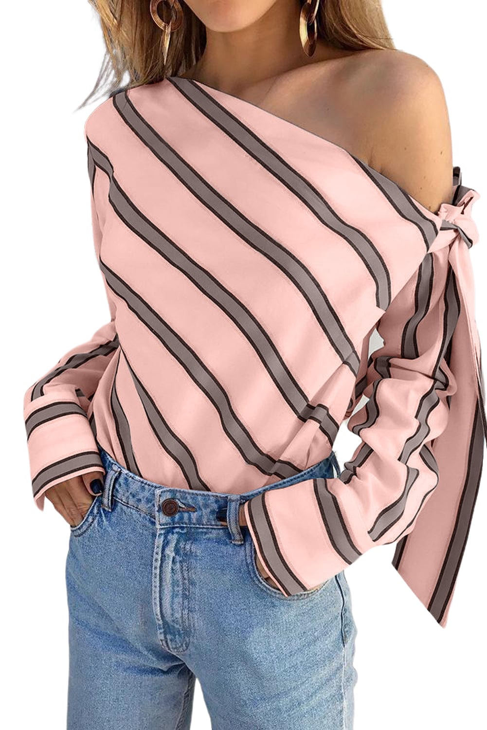 Elegant Pink Striped One-Shoulder Bow Blouse