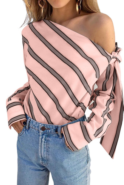 Elegant Pink Striped One-Shoulder Bow Blouse