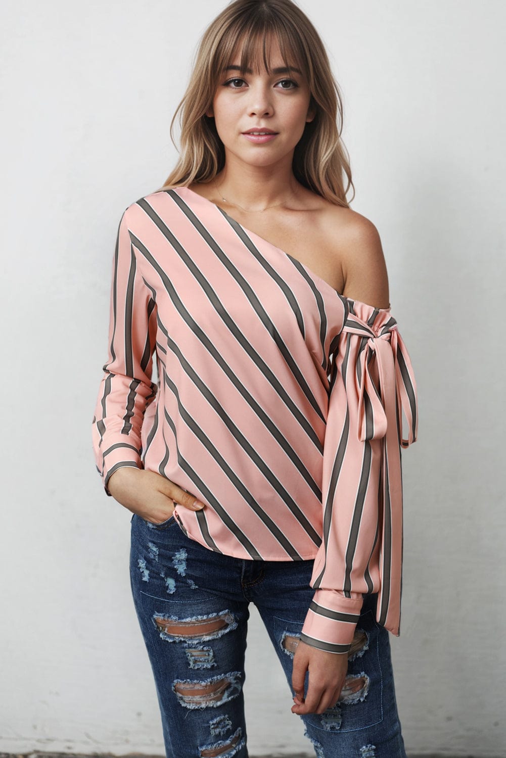Elegant Pink Striped One-Shoulder Bow Blouse