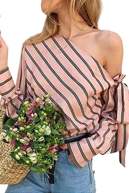 Elegant Pink Striped One-Shoulder Bow Blouse