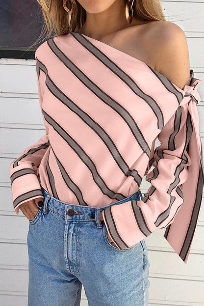 Elegant Pink Striped One-Shoulder Bow Blouse