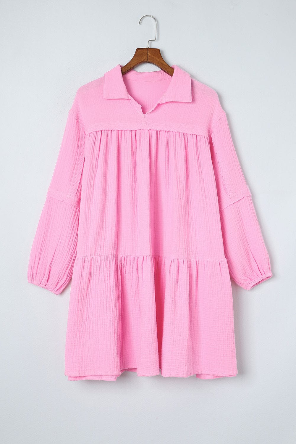 Elegant Pink Tiered Bubble Sleeve Mini Dress