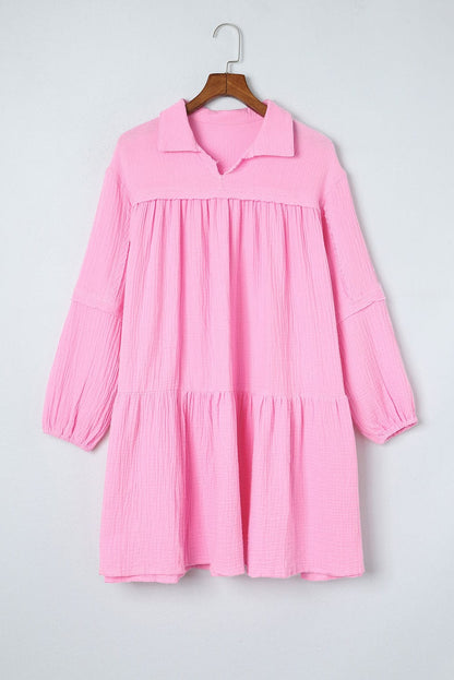 Elegant Pink Tiered Bubble Sleeve Mini Dress