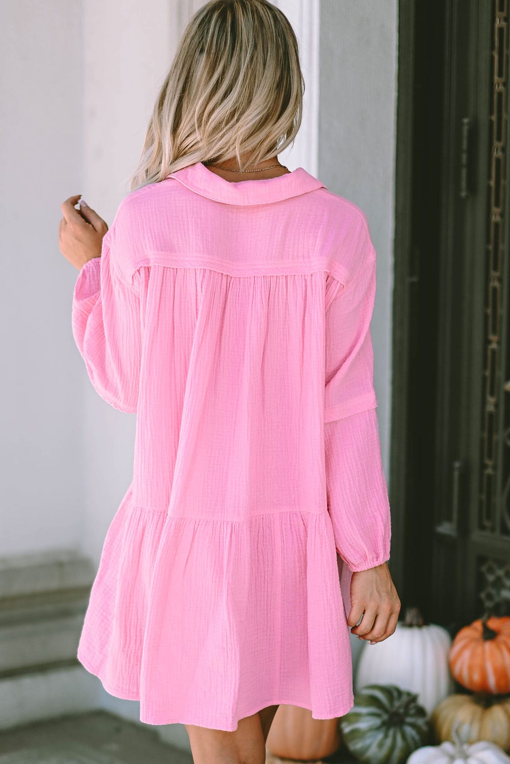 Elegant Pink Tiered Bubble Sleeve Mini Dress