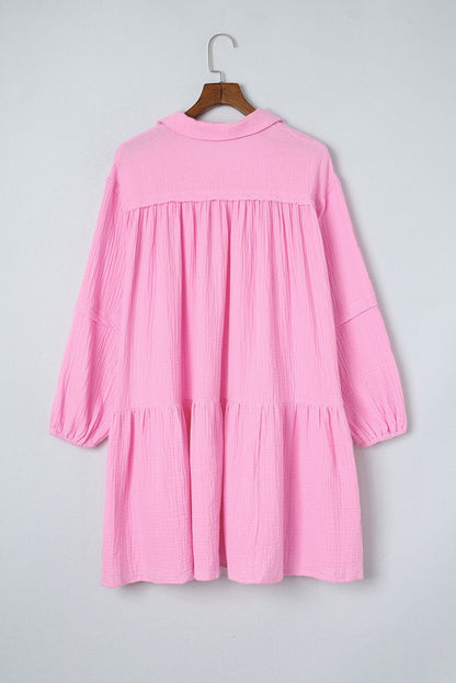 Elegant Pink Tiered Bubble Sleeve Mini Dress