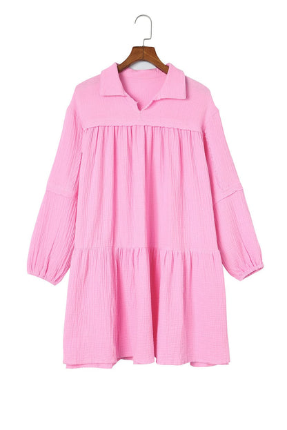 Elegant Pink Tiered Bubble Sleeve Mini Dress