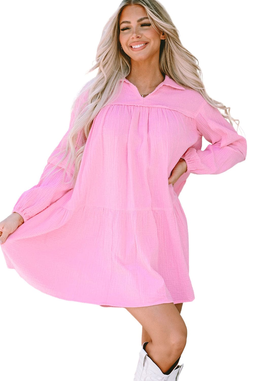 Elegant Pink Tiered Bubble Sleeve Mini Dress