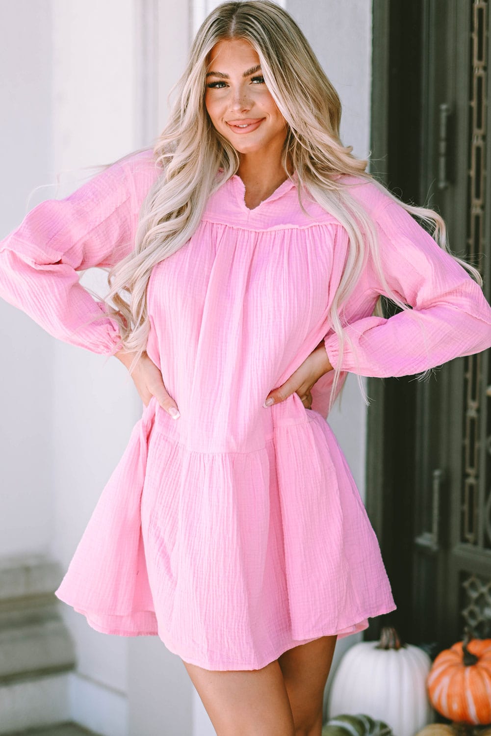 Elegant Pink Tiered Bubble Sleeve Mini Dress