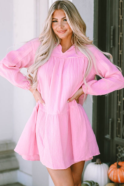 Elegant Pink Tiered Bubble Sleeve Mini Dress