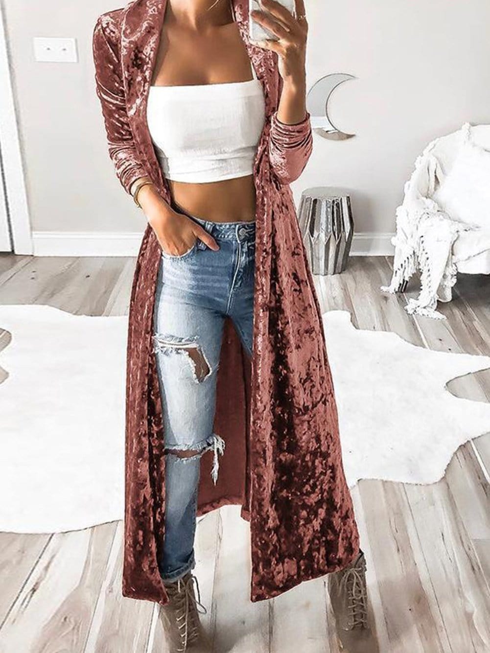 Elegant Pink Velvet Duster Cardigan with Open Front