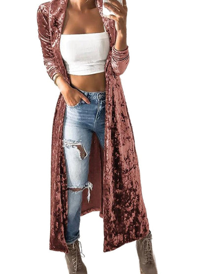 Elegant Pink Velvet Duster Cardigan with Open Front