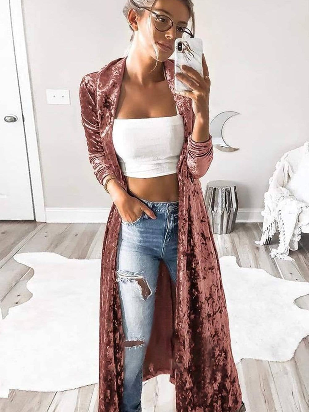 Elegant Pink Velvet Duster Cardigan with Open Front