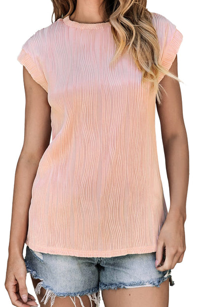 Elegant Pink Wavy Textured Short Sleeve Blouse