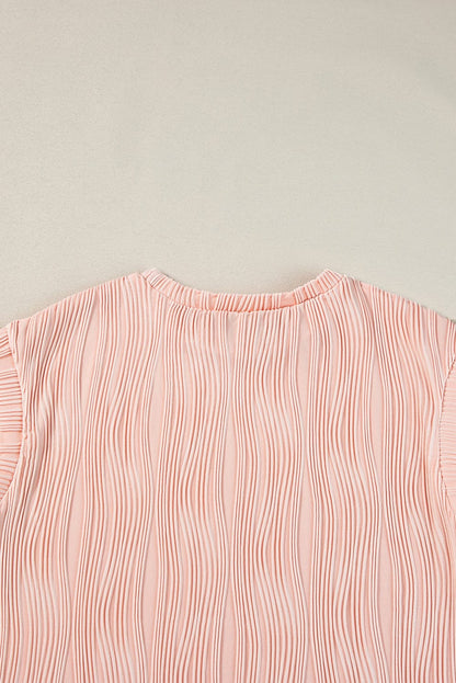 Elegant Pink Wavy Textured Short Sleeve Blouse