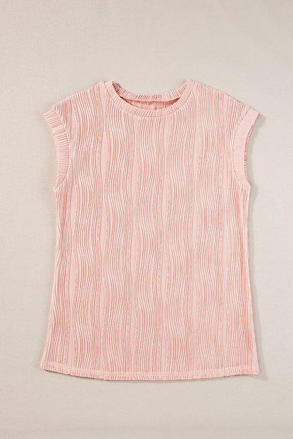 Elegant Pink Wavy Textured Short Sleeve Blouse