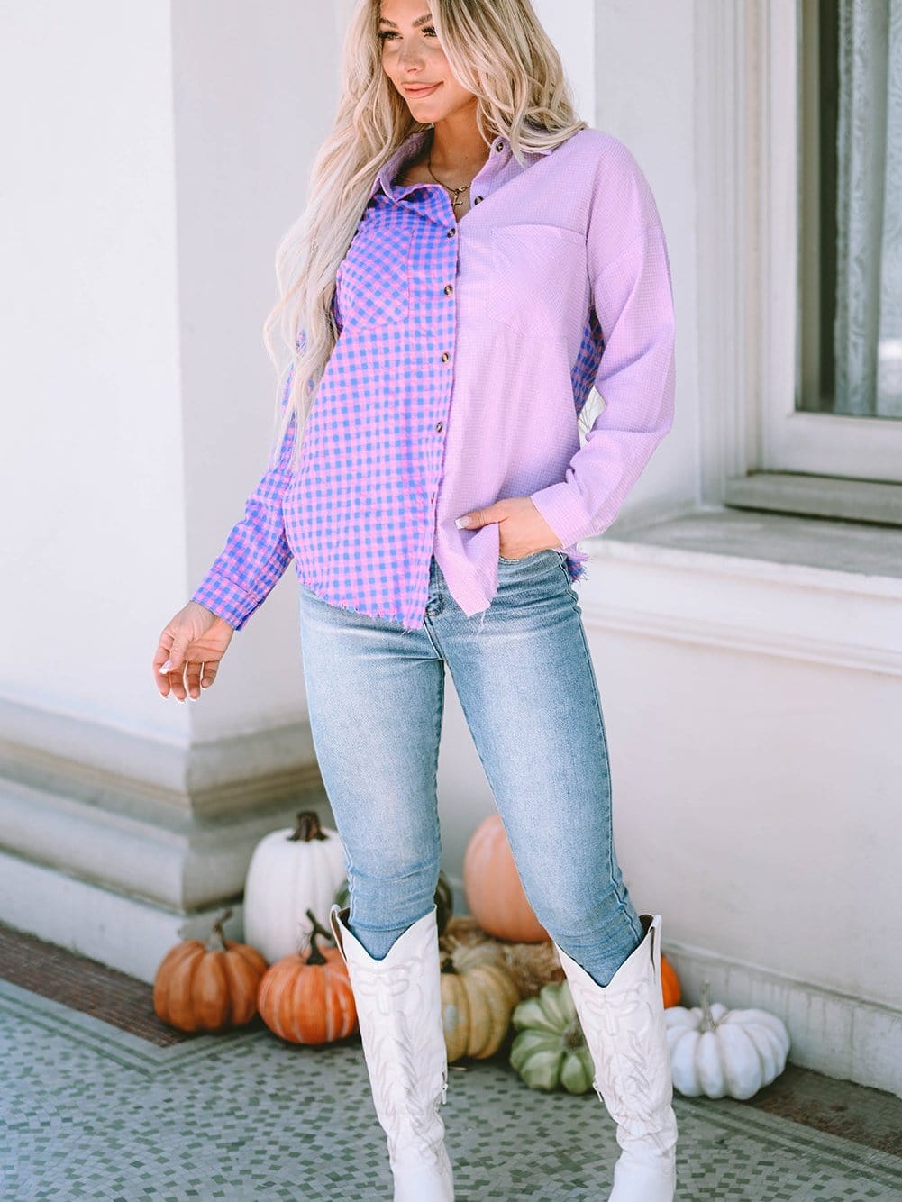 Elegant Plaid Print Purple Shirt with Button Detail
