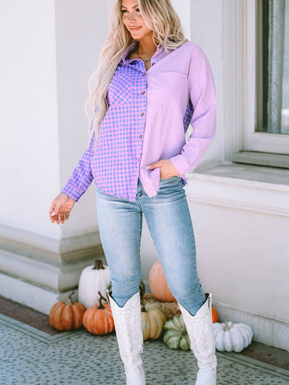 Elegant Plaid Print Purple Shirt with Button Detail