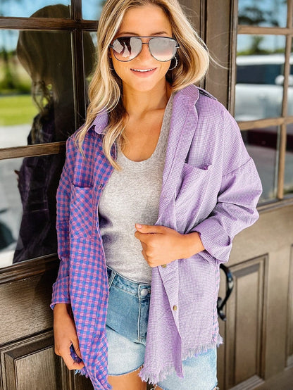 Elegant Plaid Print Purple Shirt with Button Detail