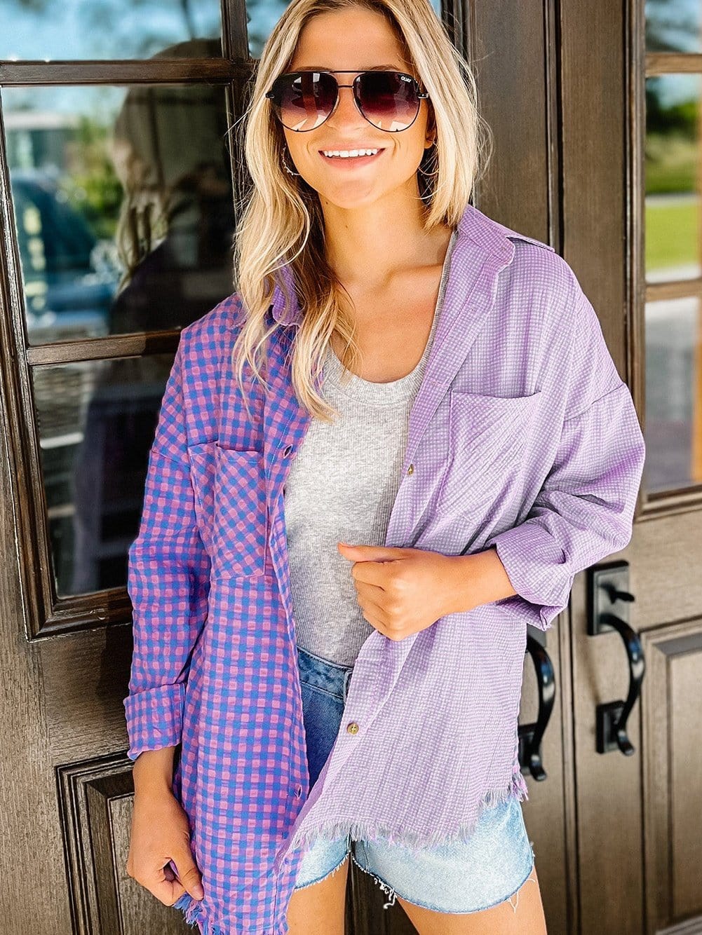 Elegant Plaid Print Purple Shirt with Button Detail