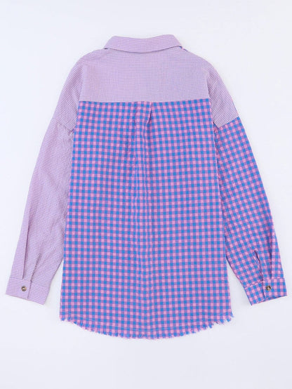 Elegant Plaid Print Purple Shirt with Button Detail