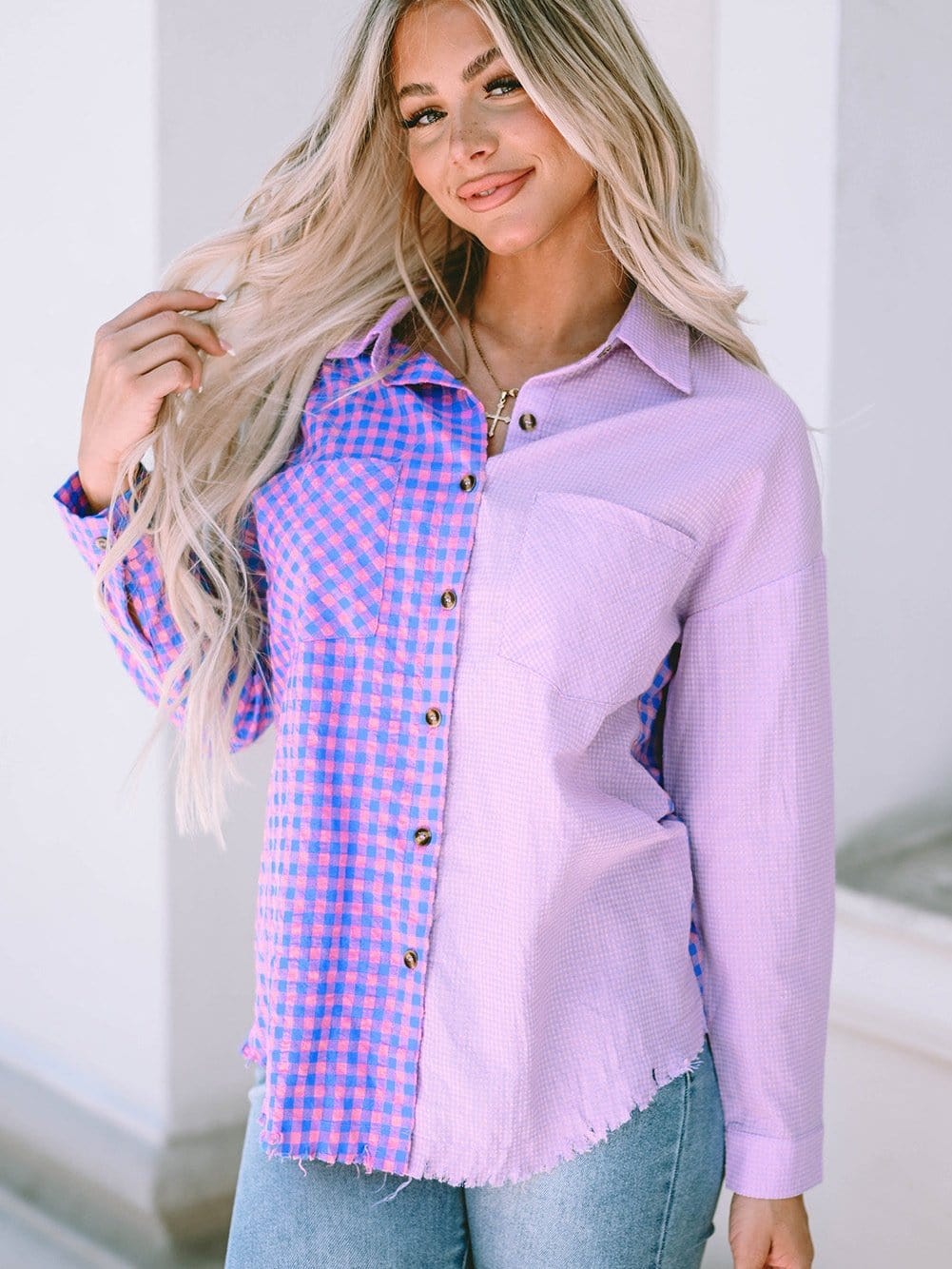 Elegant Plaid Print Purple Shirt with Button Detail