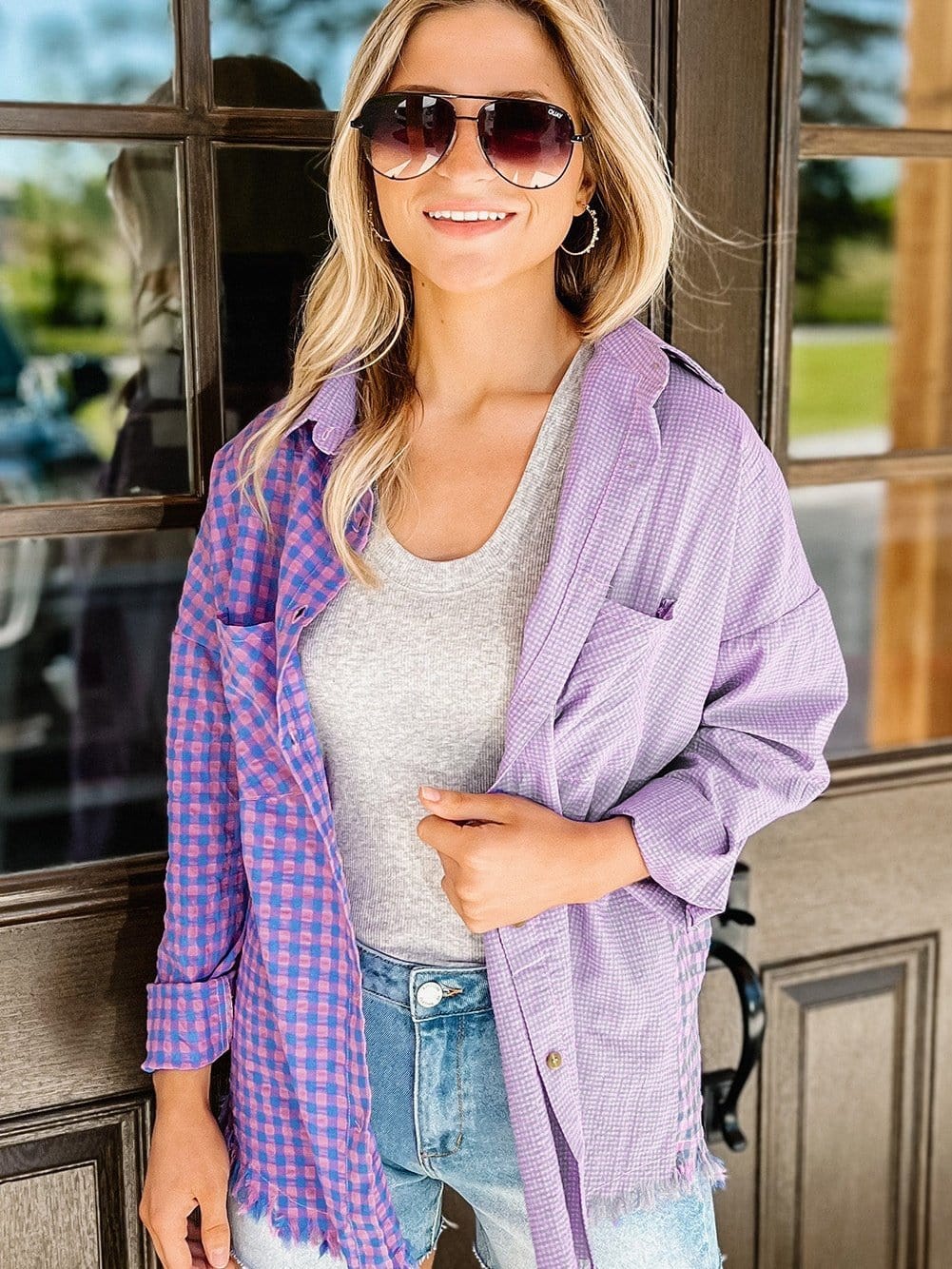 Elegant Plaid Print Purple Shirt with Button Detail