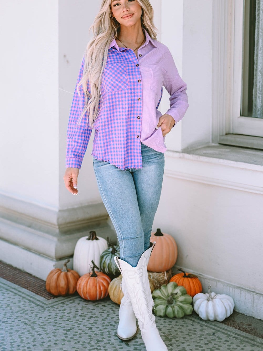 Elegant Plaid Print Purple Shirt with Button Detail