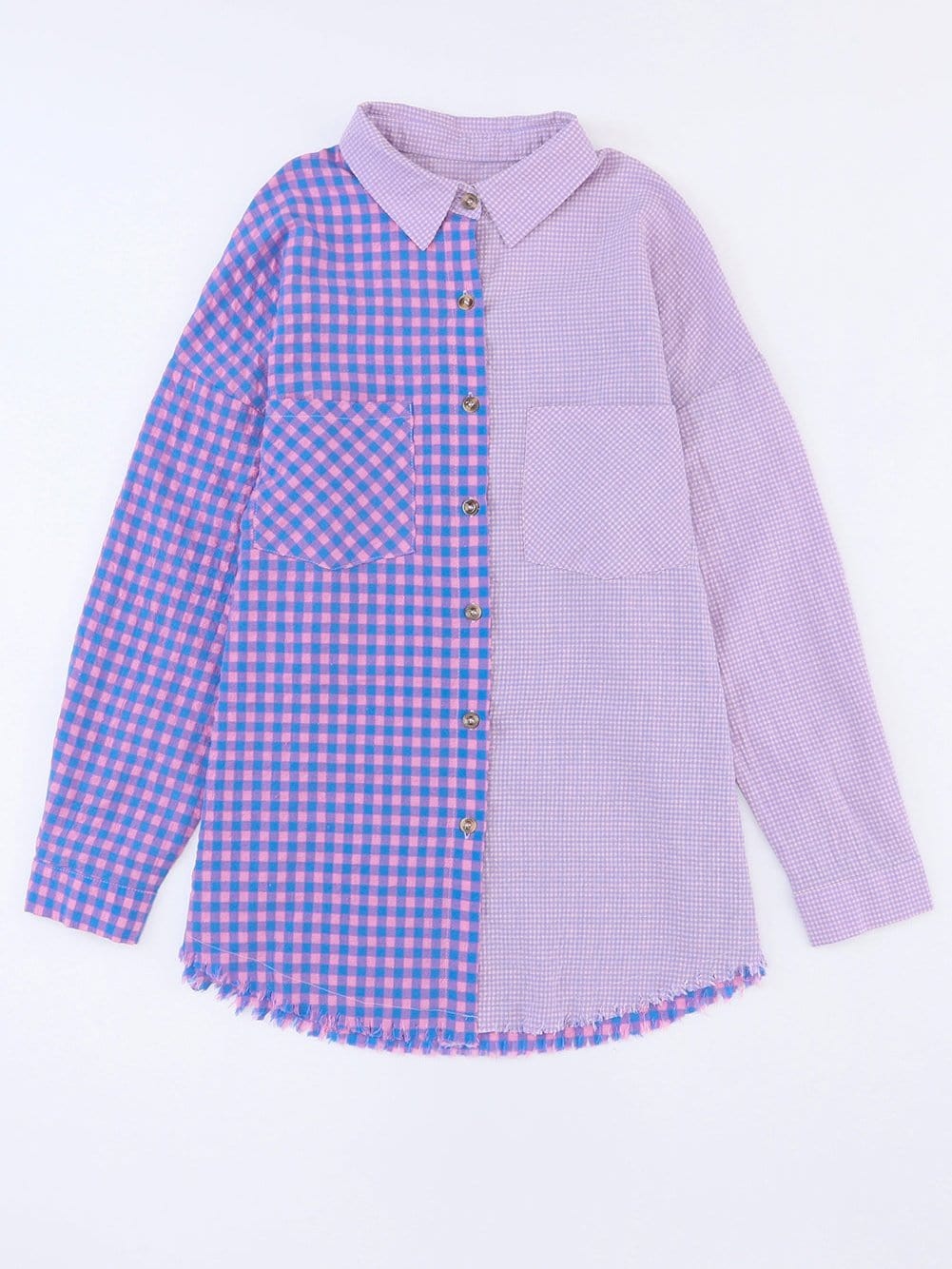 Elegant Plaid Print Purple Shirt with Button Detail