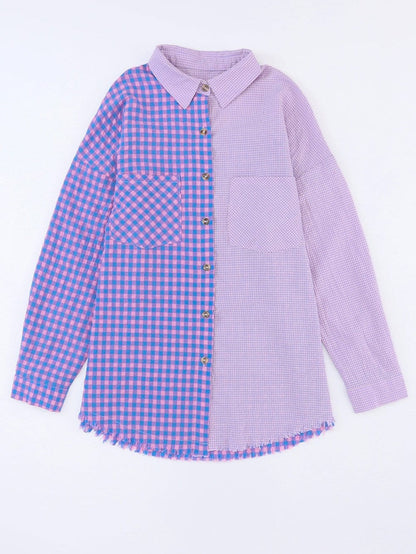 Elegant Plaid Print Purple Shirt with Button Detail