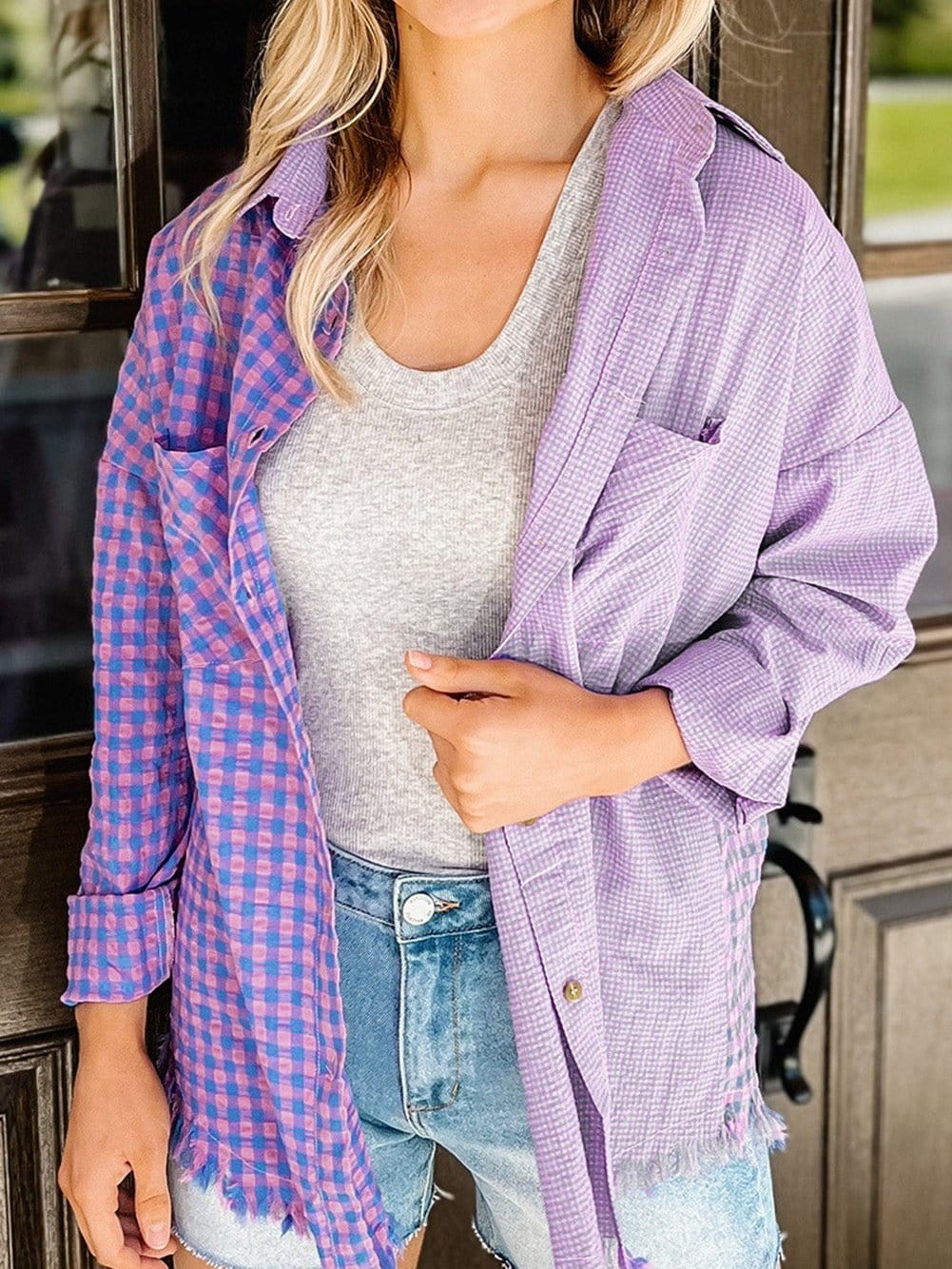Elegant Plaid Print Purple Shirt with Button Detail