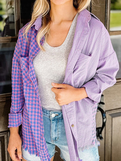 Elegant Plaid Print Purple Shirt with Button Detail