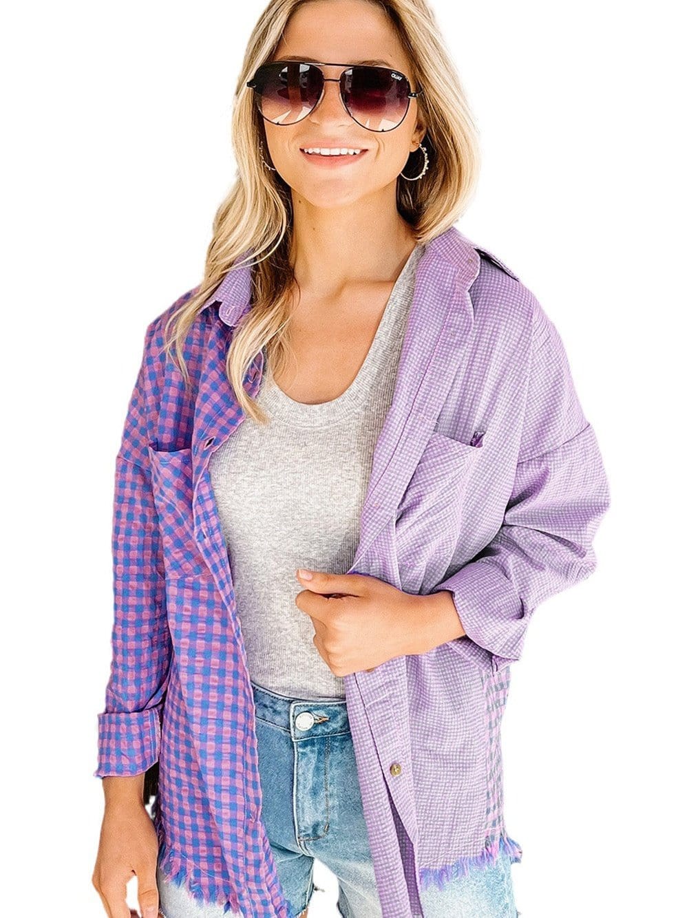 Elegant Plaid Print Purple Shirt with Button Detail