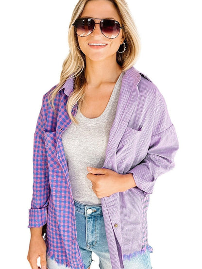 Elegant Plaid Print Purple Shirt with Button Detail