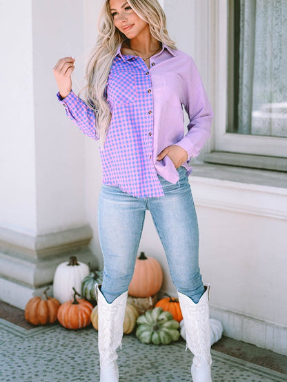 Elegant Plaid Print Purple Shirt with Button Detail
