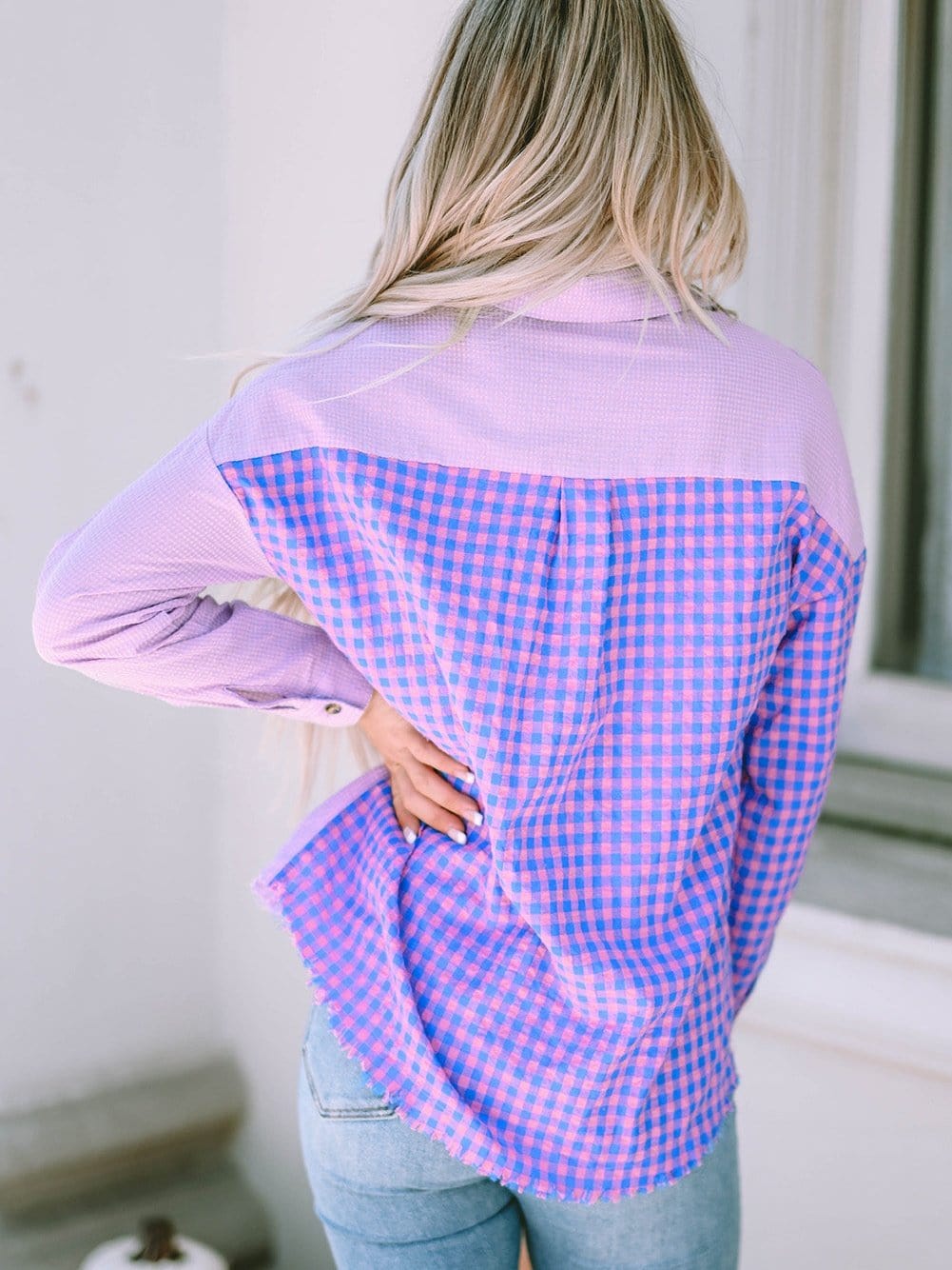 Elegant Plaid Print Purple Shirt with Button Detail