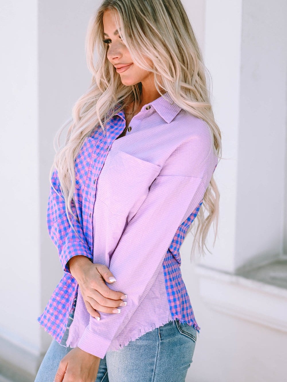 Elegant Plaid Print Purple Shirt with Button Detail
