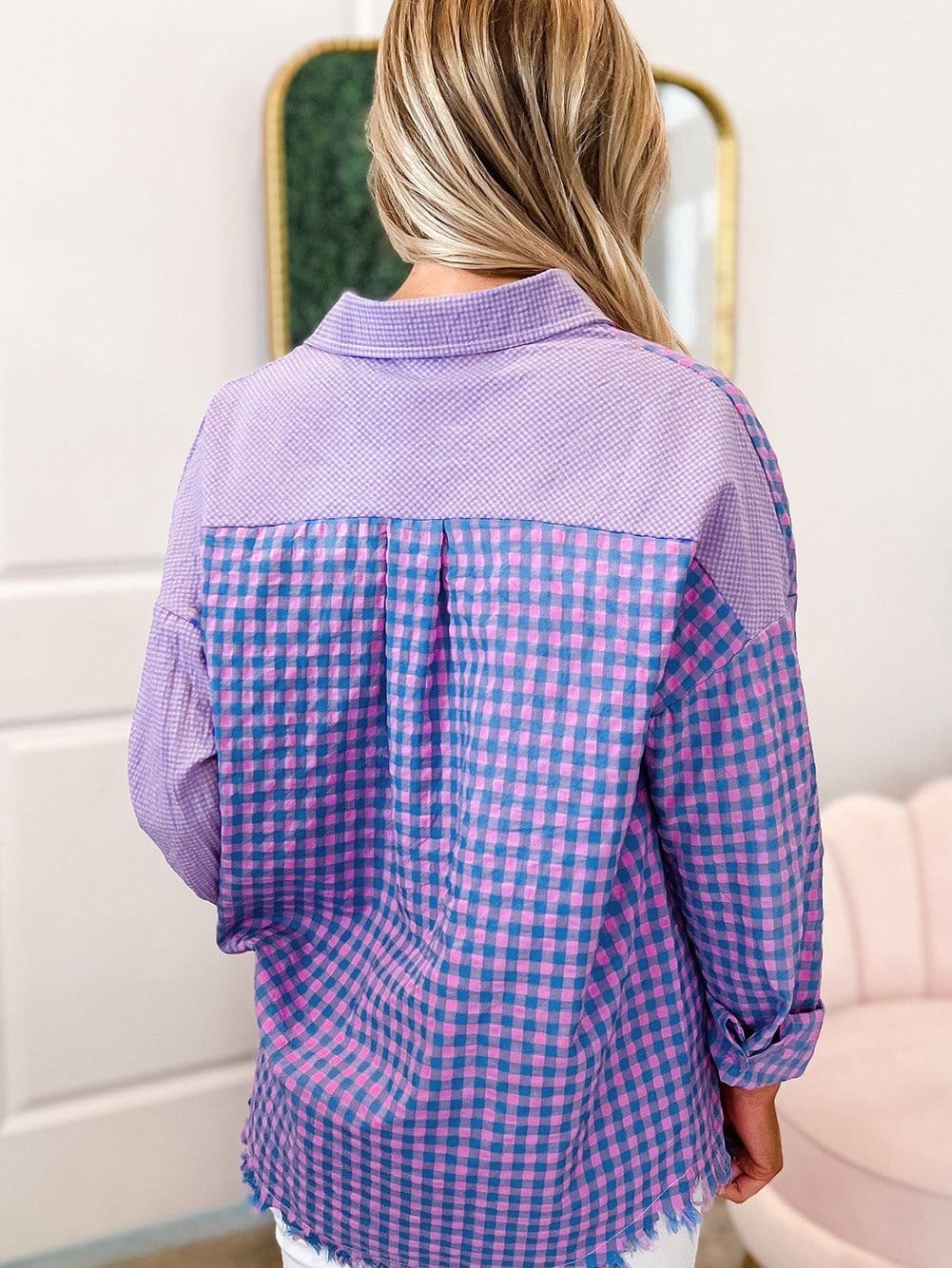 Elegant Plaid Print Purple Shirt with Button Detail
