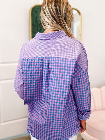 Elegant Plaid Print Purple Shirt with Button Detail
