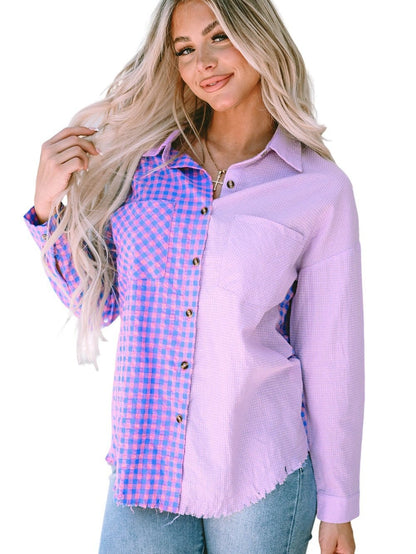 Elegant Plaid Print Purple Shirt with Button Detail