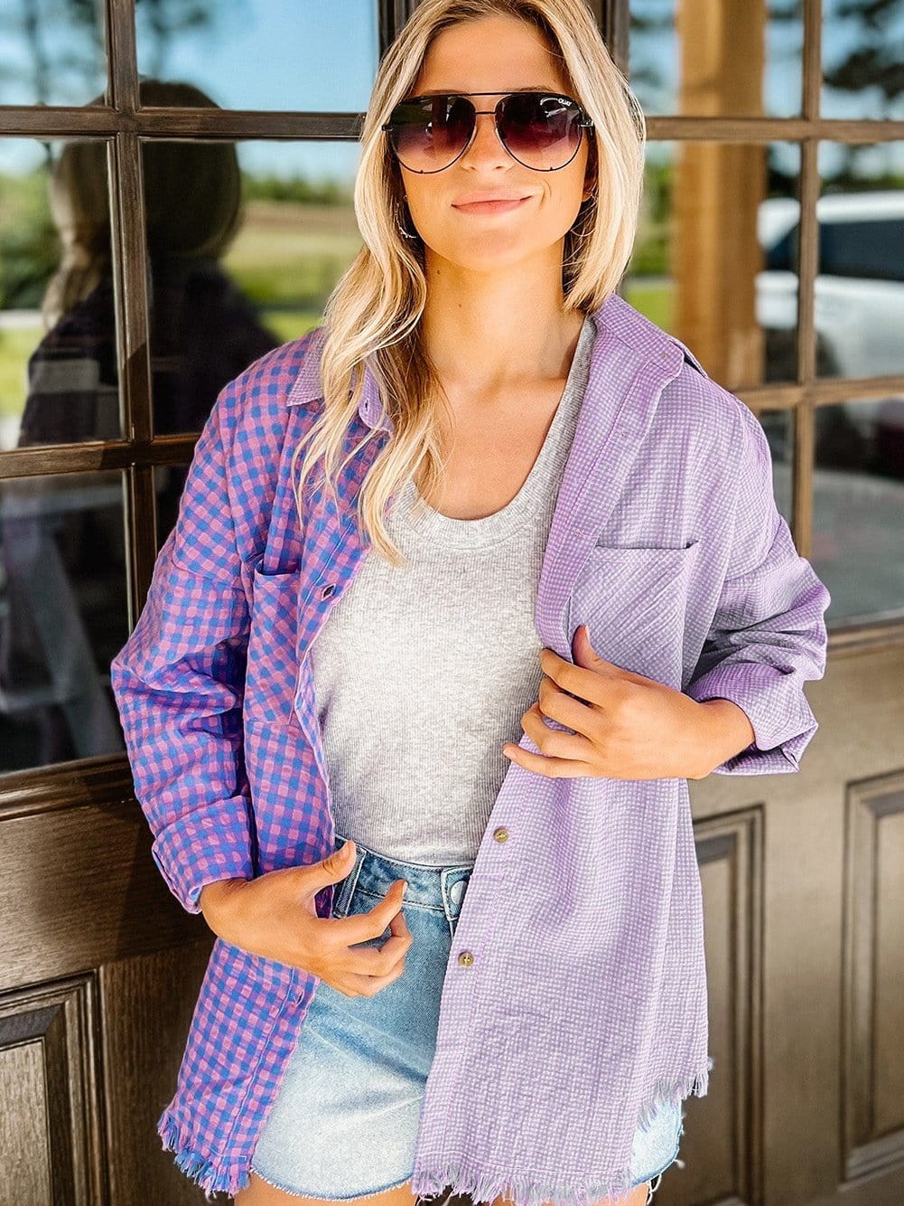 Elegant Plaid Print Purple Shirt with Button Detail