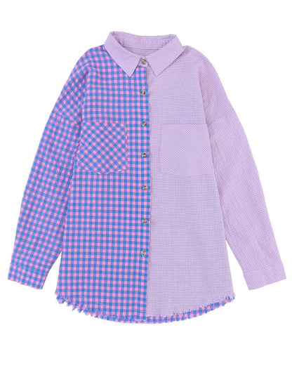 Elegant Plaid Print Purple Shirt with Button Detail