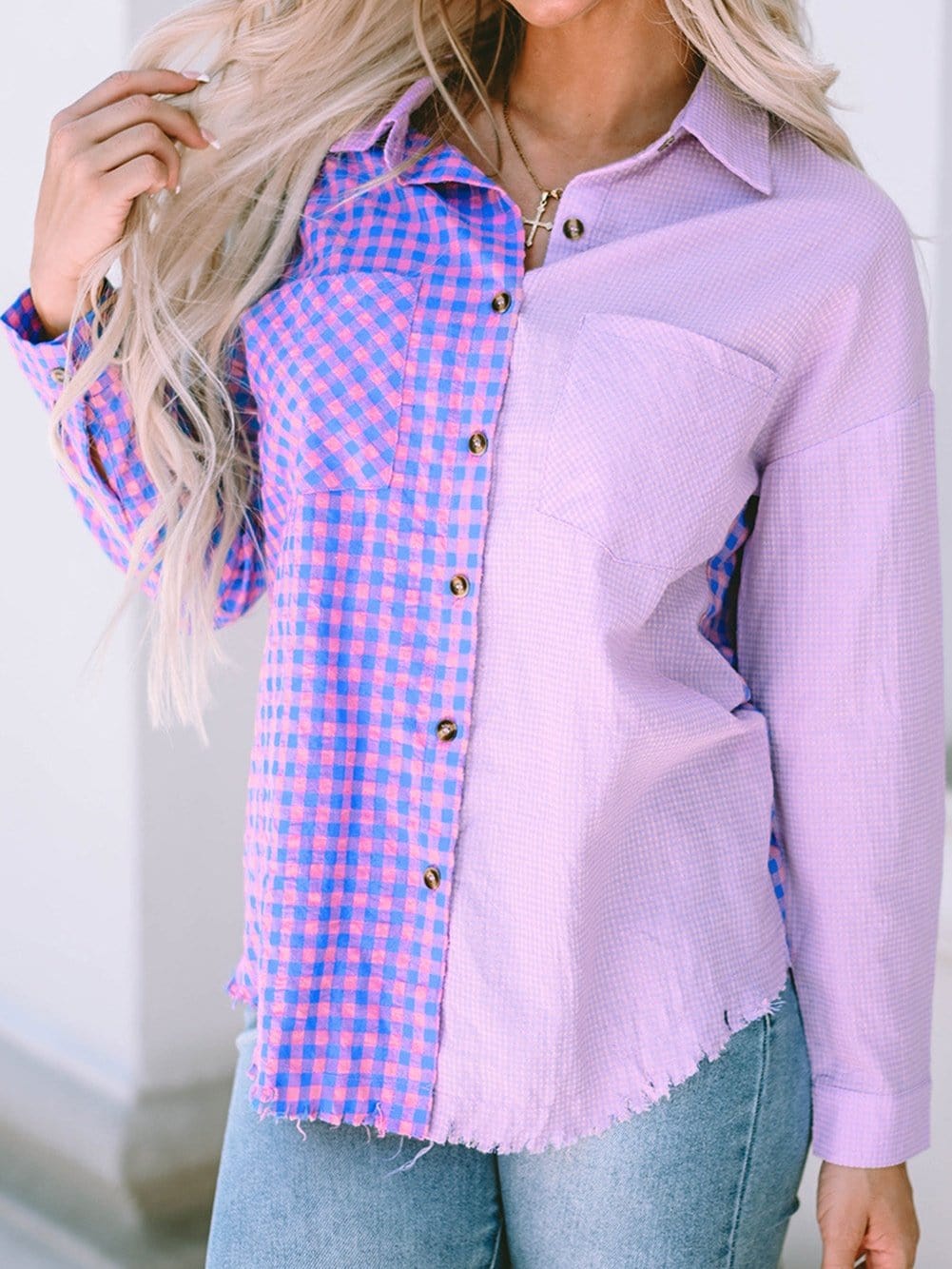 Elegant Plaid Print Purple Shirt with Button Detail