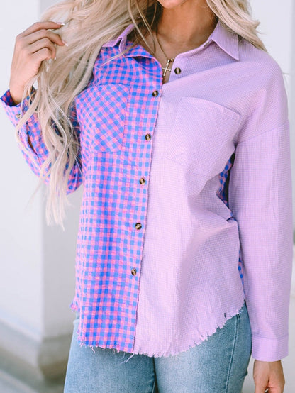 Elegant Plaid Print Purple Shirt with Button Detail