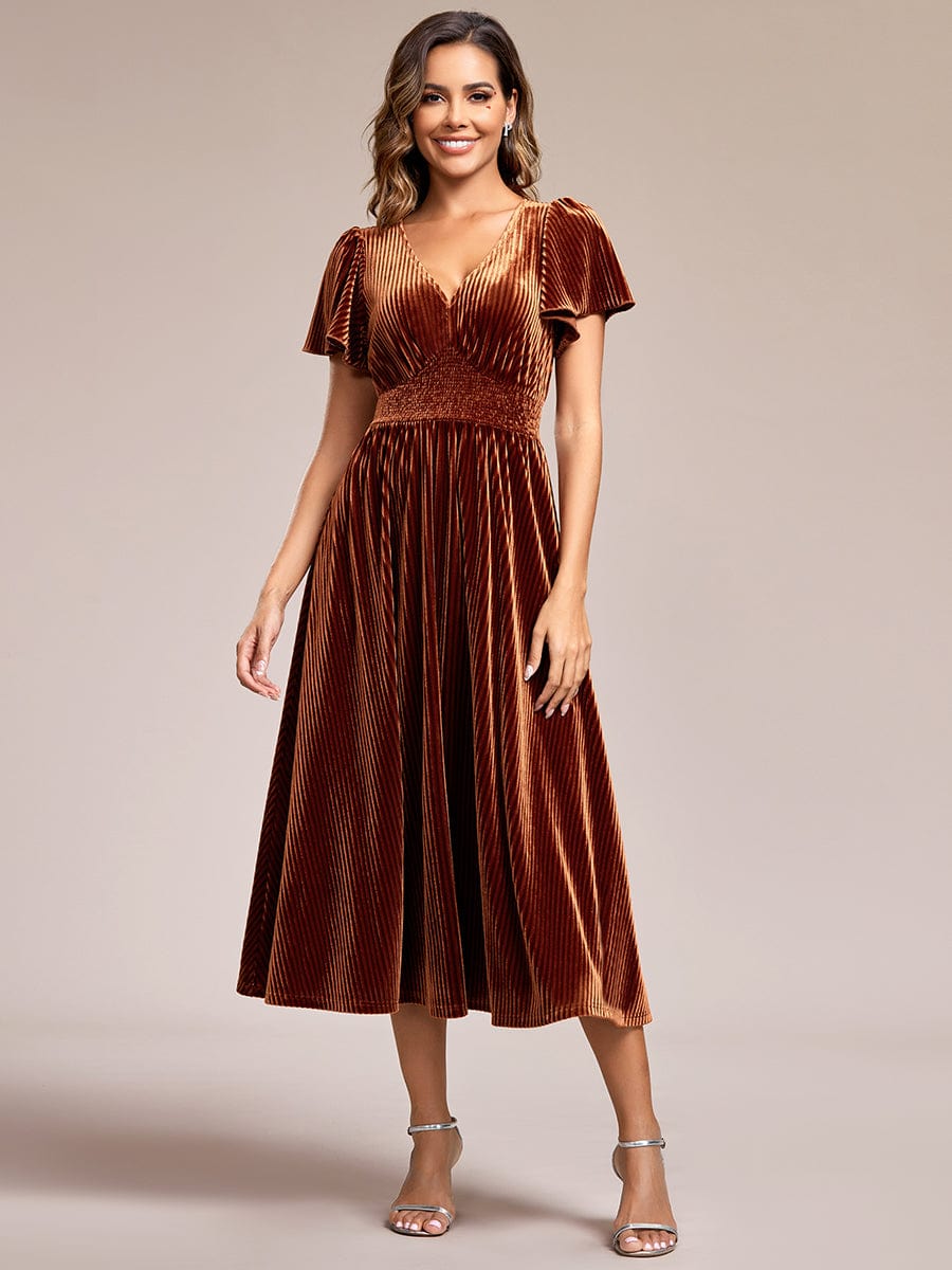 Elegant Pleated Velvet Wedding Guest Dress with Short Sleeves